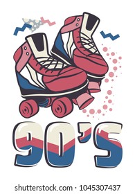 Colorful Illustration with vintage, retro quad roller skates. Vector illustration in trendy 80s 90s Memphis style.