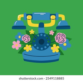 Colorful illustration of a vintage rotary phone in blue and yellow, surrounded by vibrant flowers, set against a green background.