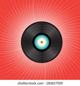 colorful illustration with vinyl disc on a red wave background for your design
