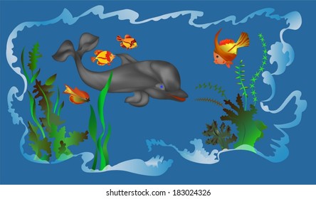 Colorful illustration with waves, algae, fish and dolphins