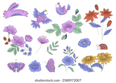 Colorful illustration of whimsical animals and flowers, including birds, butterflies, and various floral elements in pink, purple, and orange hues on a white background.