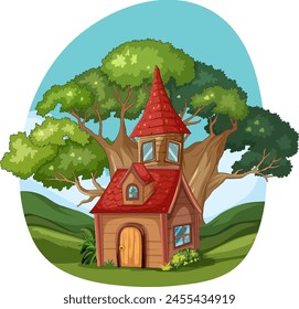 Colorful illustration of a whimsical treehouse.