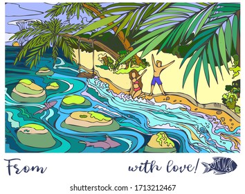 
colorful illustration of white sand island with palm trees, happy couple on vacation