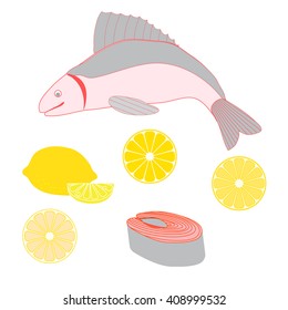 Colorful illustration of a whole fish and cut into pieces and lemon on a white background