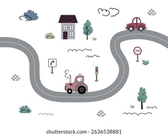 Colorful illustration of a winding road featuring a house, a tractor, and traffic signs in a playful landscape