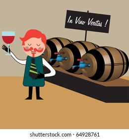 Colorful illustration with wine maker inspecting wine from barrel