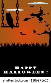 Colorful illustration with a witch flying on a broom, a watching owl and little bats flying. Halloween theme