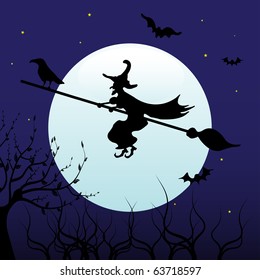 Colorful illustration with witch silhouette flying on a broom on a night with full moon. Halloween concept