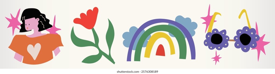 Colorful illustration with a woman, a flower, a rainbow, and sunglasses. Bright and playful design featuring a heart, vibrant colors, and cheerful elements. Isolated vector set.