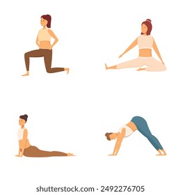 Colorful illustration of a woman performing four different yoga poses for wellness and fitness
