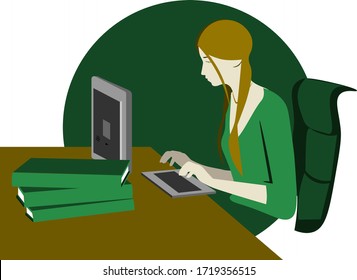 colorful illustration of woman sitting at the computer