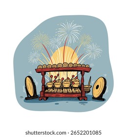Ilustração colorida de um suporte de madeira segurando vários instrumentos de percussão, incluindo gongos e tambores, com fogos de artifício no fundo.