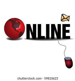 Colorful illustration with the word online and a red globe standing instead of the letter o. Online concept