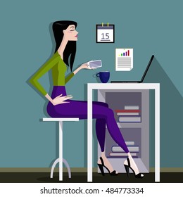 Colorful illustration of working girl. 