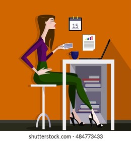 Colorful illustration of working girl. 