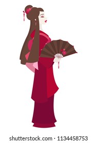 Colorful illustration of a young Japanese woman dressed as a Geisha and holding a decorated fan on white background