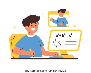 Colorful illustration of a young male student participating in an online mathematics class, attentively listening to his teacher explaining geometry on the screen.