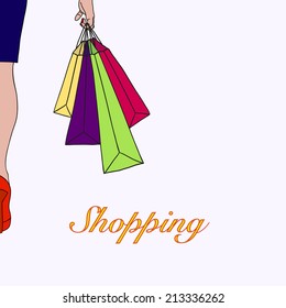 Colorful illustration of young woman go shopping, eps 8 file