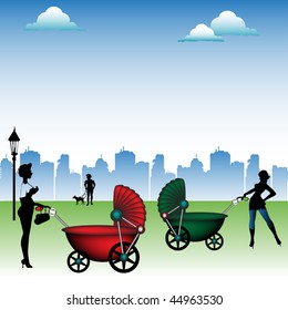 Colorful illustration with young women silhouettes walking in a park with colorful baby carriages