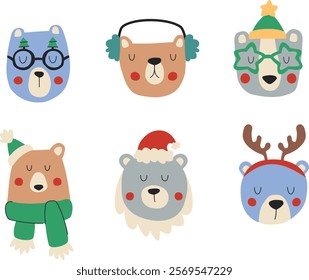 Colorful illustrations with bears in Christmas accessories, santa hat, hoop with reindeer antlers, Christmas glasses. Christmas and New Year animals for card design and winter clothes.