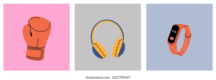 Colorful illustrations of a boxing glove, headphones, and a fitness watch on pastel backgrounds