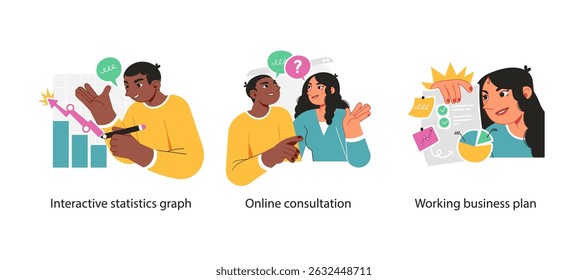 Ilustrações coloridas de elementos da estratégia de negócios: gráficos interativos, consulta on-line e planejamento ativo com gráficos e listas de verificação.