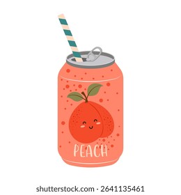 Colorful illustrations of canned and bottled fruit juices with simple designs. Summer cold and soft drinks