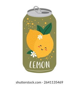 Colorful illustrations of canned and bottled fruit juices with simple designs. Summer cold and soft drinks