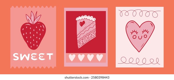 Colorful illustrations celebrating sweets and love featuring strawberries, heart-shaped cake, and cute hearts on a vibrant background