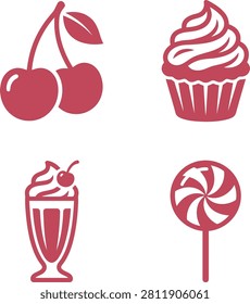 Colorful illustrations of cherries, a cupcake, a milkshake, and a lollipop in a playful arrangement