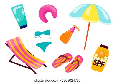 Colorful illustrations conveying the essence of a vacation at the beach , sun lounger, swimsuit, sun protection, moisturizing creams, pillow under his head, beach umbrella , slippers, vector