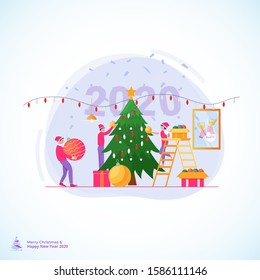 Colorful illustrations decorating a Christmas tree, Flat design a Christmas and New Year 2020 theme for greeting postcards