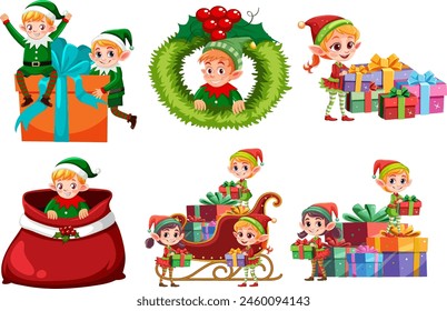 Colorful illustrations of elves with Christmas gifts and decorations