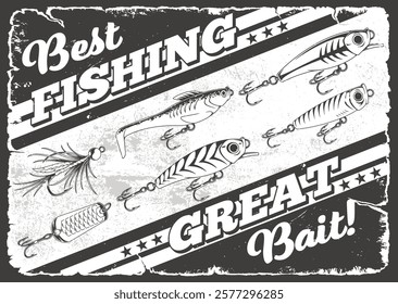 Colorful illustrations of fishing lures showcase various designs and styles ideal for attracting fish. This artwork highlights the excitement of fishing and the importance of using the right bait.