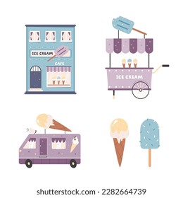 Coloridas ilustraciones de helados, diseño frontal de cafés y camioneta, bus, carruaje