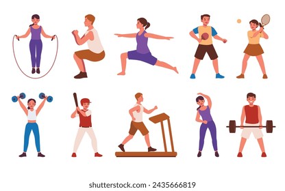 Colorful illustrations of individuals participating in a range of sports and fitness routines, embodying an active lifestyle.