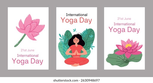 Colorful Illustrations for International Yoga Day with Peaceful Yoga Poses. Illustrative designs celebrating International Yoga Day, featuring characters performing yoga poses in vibrant style amidst 