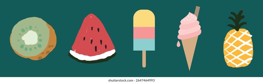 Colorful illustrations of kiwi, watermelon, popsicle, ice cream cone, and pineapple on a green background. Fruit and dessert icons in a playful style. Isolated vector element set.