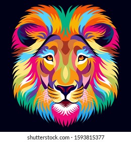 colorful illustrations of a lion, simple design, dark background. - Vector.