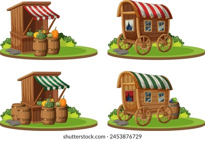 Colorful illustrations of market stalls and wagons.