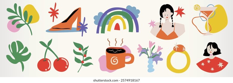 Colorful illustrations of nature, fashion, and lifestyle. Includes plants, shoes, rainbows, and drinks. Vibrant and playful design elements. Isolated vector set.