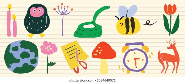 Colorful illustrations of nature: owl, snake, bee, flower, earth, mushroom, deer. Bright, playful nature icons on lined background. Nature-themed art. Doodle illustration vector.