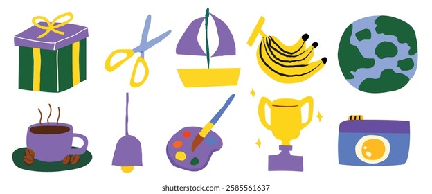 Colorful illustrations of objects: gift, scissors, sailboat, bananas, globe, coffee, bell, palette, trophy, camera. Vibrant, playful, diverse items in purple and yellow. Vector element set.