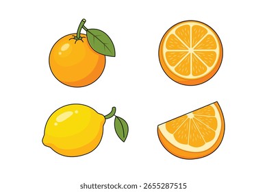 Colorful illustrations of oranges and a lemon, showcasing whole and sliced fruit.