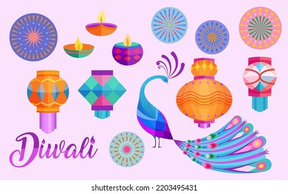 Colorful illustrations of peacock, fireworks, diya lamps, and geometric lanterns in flat style isolated on pink background