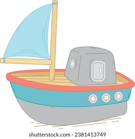 Colorful illustrations of retro children's toy boat with a sail. Vector drawing