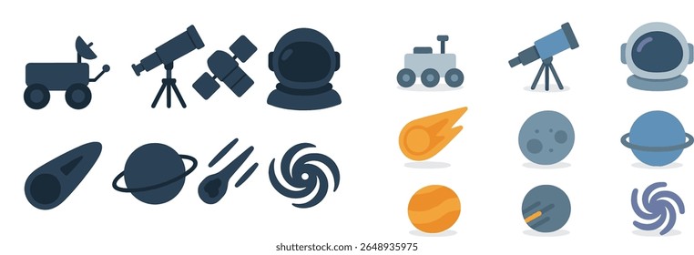 Ilustrações coloridas mostram diversos aspectos da exploração espacial, incluindo telescópios, planetas, cometas e equipamentos para astronautas. Cada elemento contribui para o tema da astronomia.