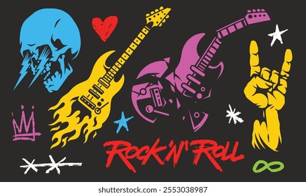 Colorful illustrations showcase guitars a skull and rock symbols representing the energy and spirit of rock and roll music. The dynamic shapes create an electrifying atmosphere.