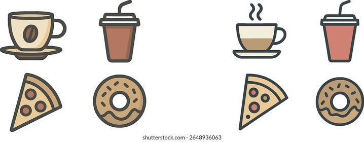 Ilustrações coloridas exibem uma variedade de bebidas e lanches, incluindo café, chá, pizza e rosquinhas, ideais para convidar clientes para um café local.