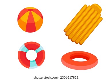 Coloridas ilustraciones de objetos de verano, vacaciones de verano en la playa o la piscina , círculos inflables, bola, colchón inflable de playa , vector